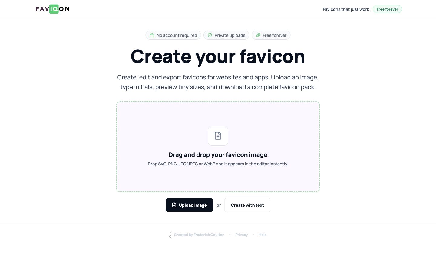 Faviqon homepage with its favicon upload and creation tools