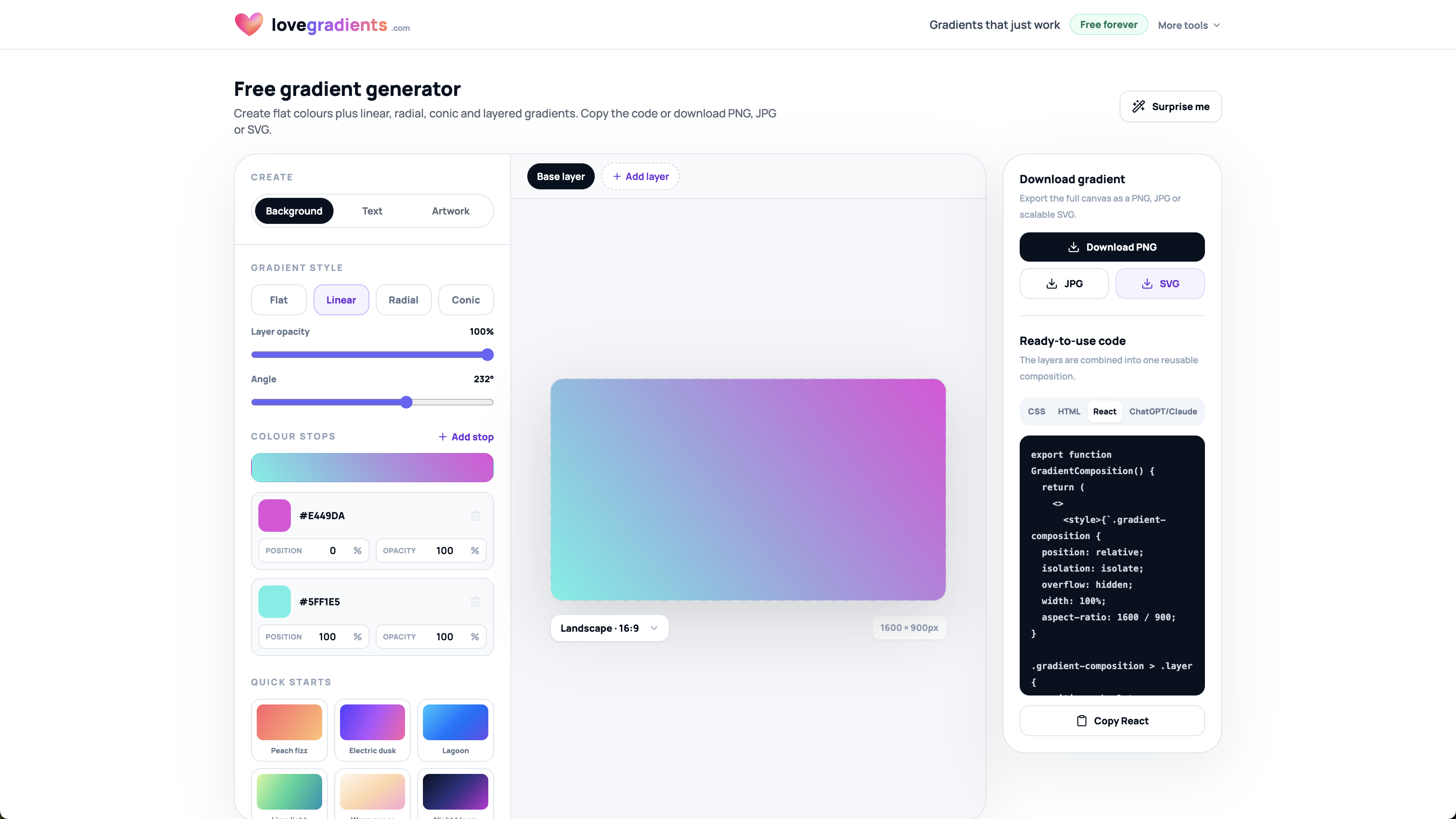 Love Gradients editor showing layered gradient controls and export options